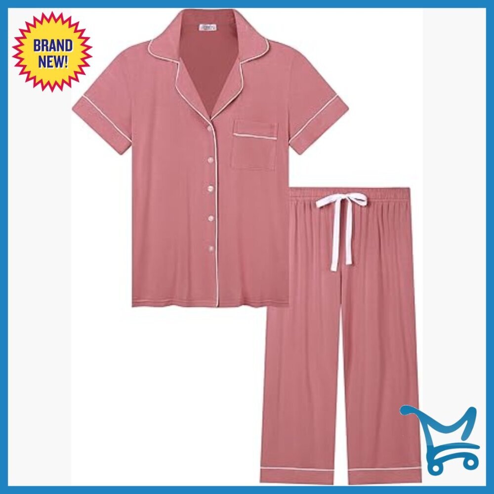 Small Bamboo Viscose Pajama Set Capri Pants Short Sleeve Button Down